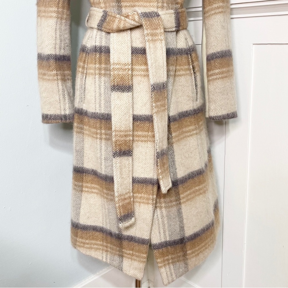 BCBGeneration Wool Belted Plaid Wrap Coat Tan Cream Winter Peacoat Small New - Picture 6 of 16